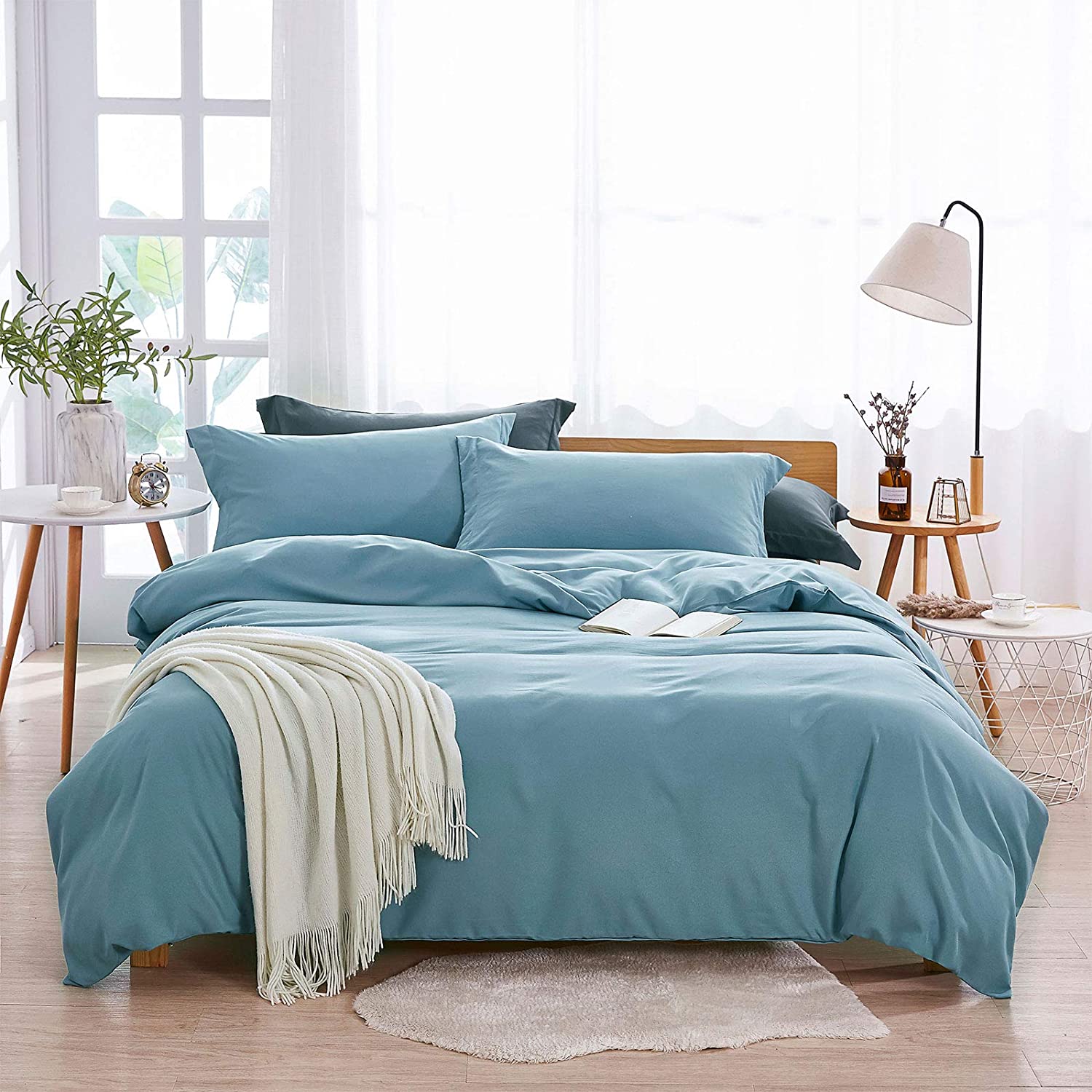 Dreaming Duvet Cover Set 100% Washed Microfiber 3 pcs Solid Color - Soft and Breathable with Zipper Closure & Corner Ties