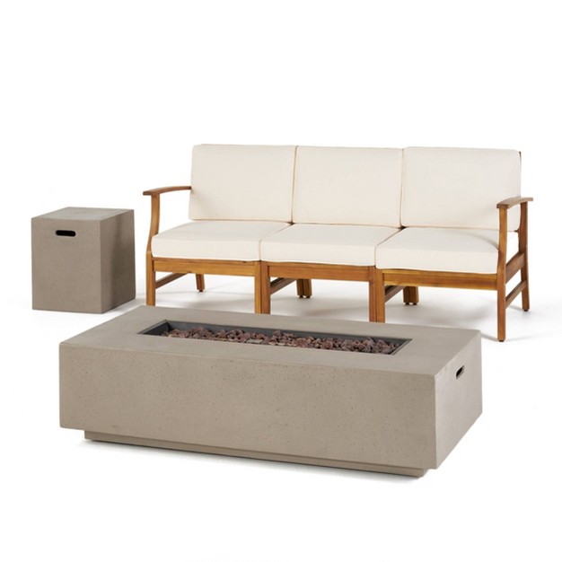 Perla 5pc Acacia Wood Sofa With Rectangular Fire Table Teak cream light Gray Christopher Knight Home