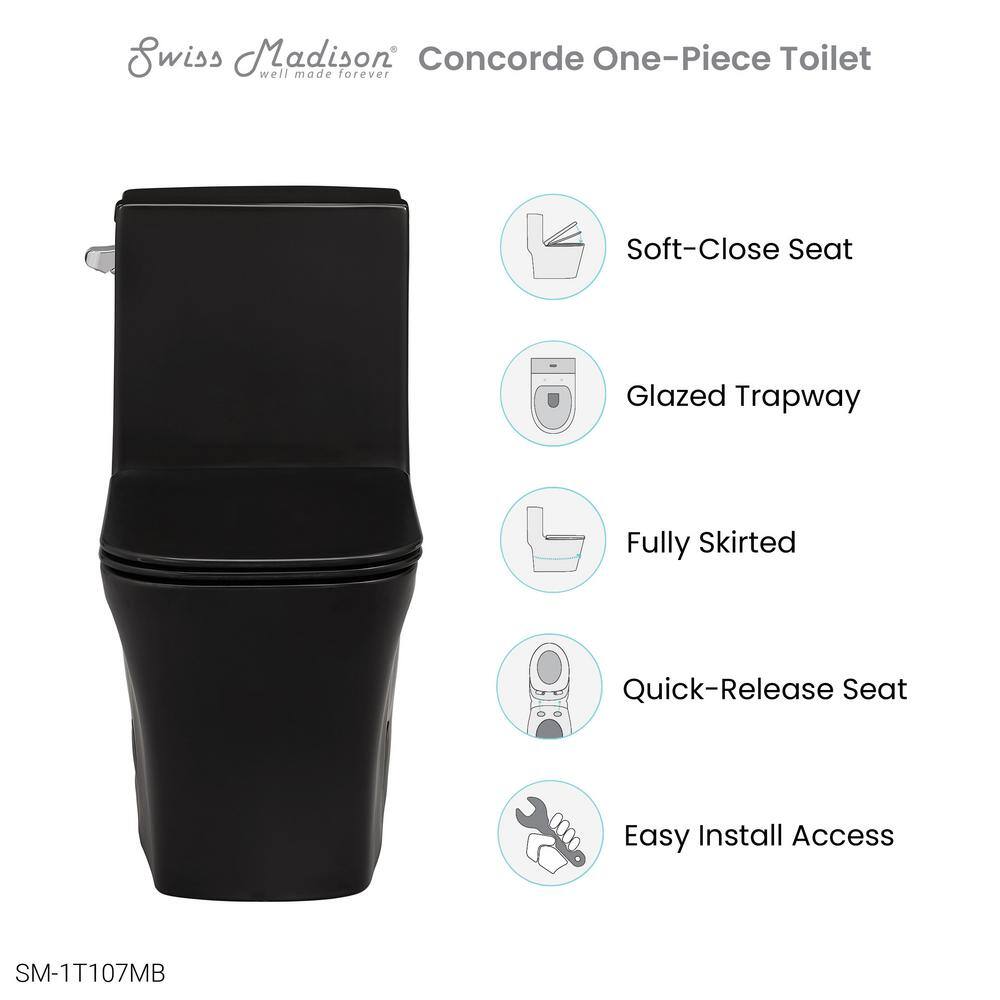 Swiss Madison Concorde 1-piece 1.28 GPF Single Flush Square Toilet in Matte Black Seat Included SM-1T107MB