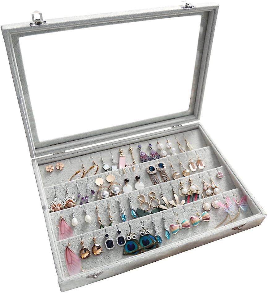 Velvet Clear Lid Earring Box Organizer Storage 55 Pairs Earrings Stud Tray Showcase Display Case