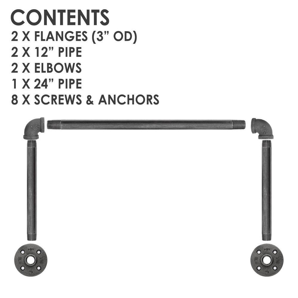 Pipe Decor 12 in. x 2 ft. L Black Pipe Wall Mounted Clothing Rack Kit 365 PDMWD10