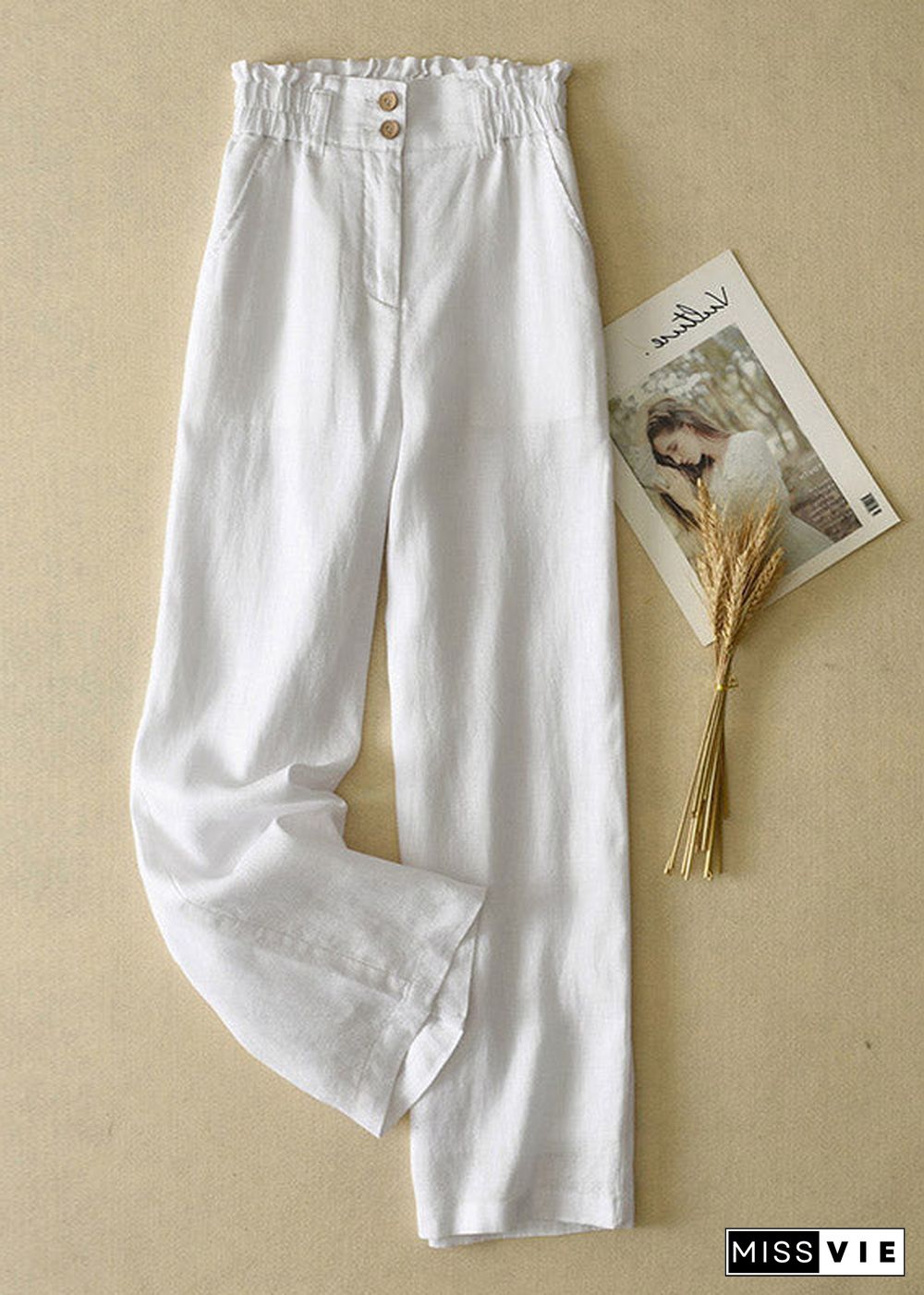 Elegant Yellow-cashew High Waist Button Linen Straigh Pants Summer