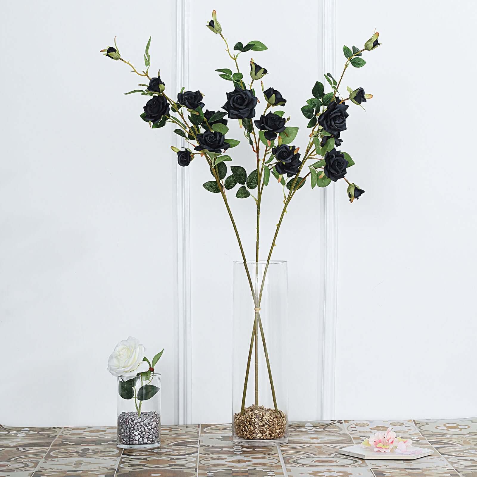 2 Stems Black Artificial Silk Rose Flower Bouquet Bushes 38