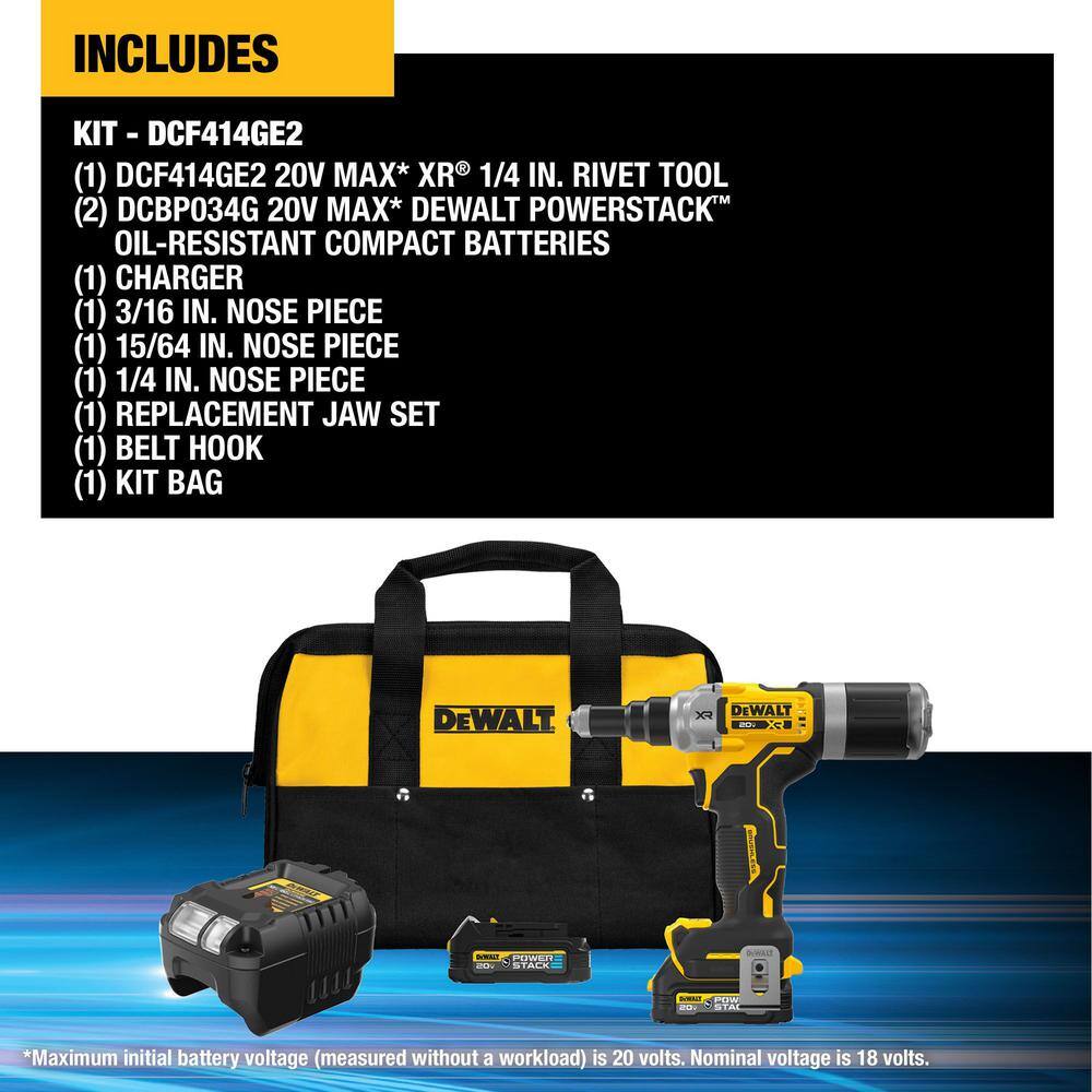 DW 20-Volt Maximum XR Lithium-Ion Brushless Cordless 14 in. Rivet Tool Kit w2 POWERSTACK 1.7 Ah Batteries Charger and Bag DCF414GE2