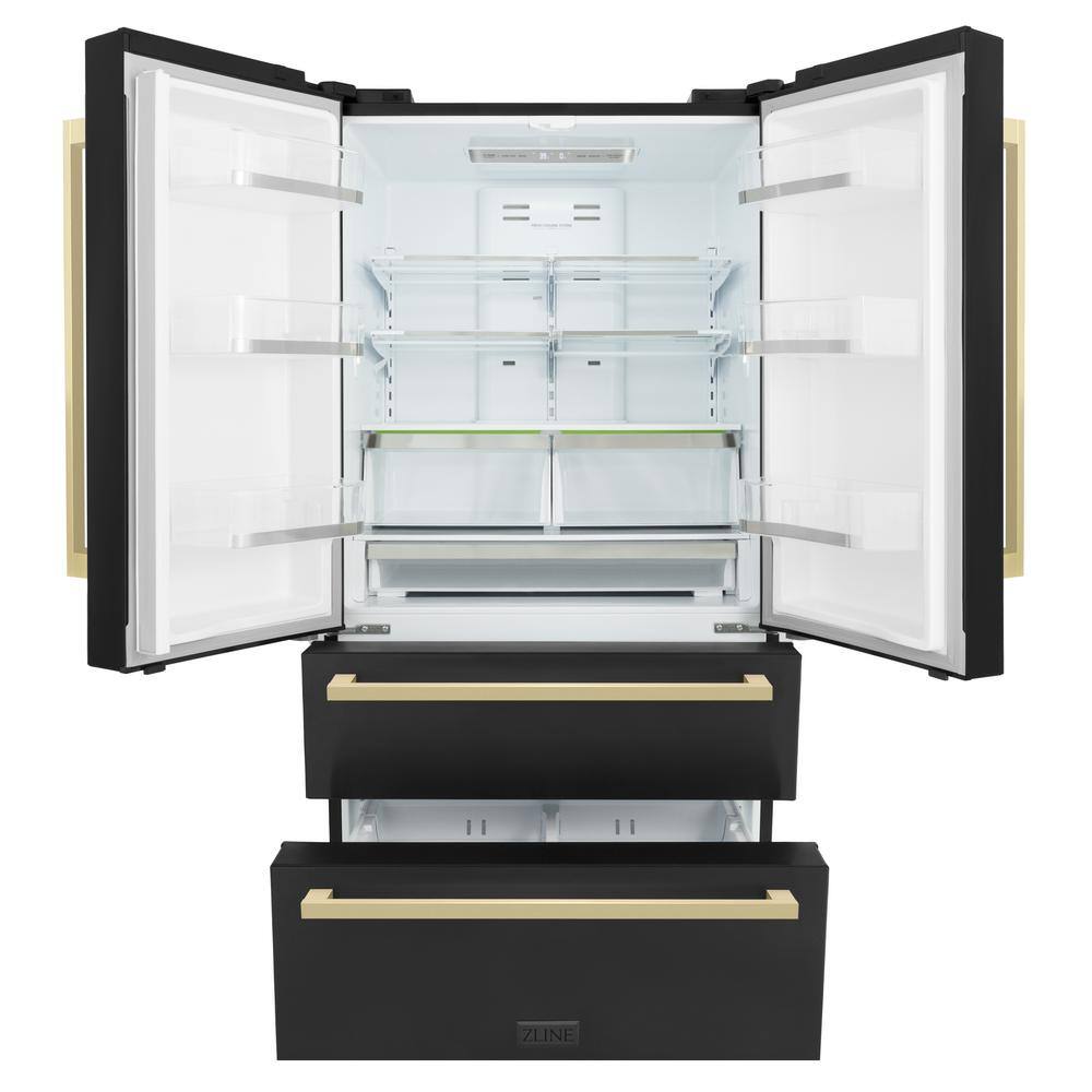 ZLINE Kitchen and Bath Autograph Edition 36 in. 4-Door French Door Refrigerator with Square Champagne Bronze Handles in Black Stainless Steel RFMZ-36-BS-FCB