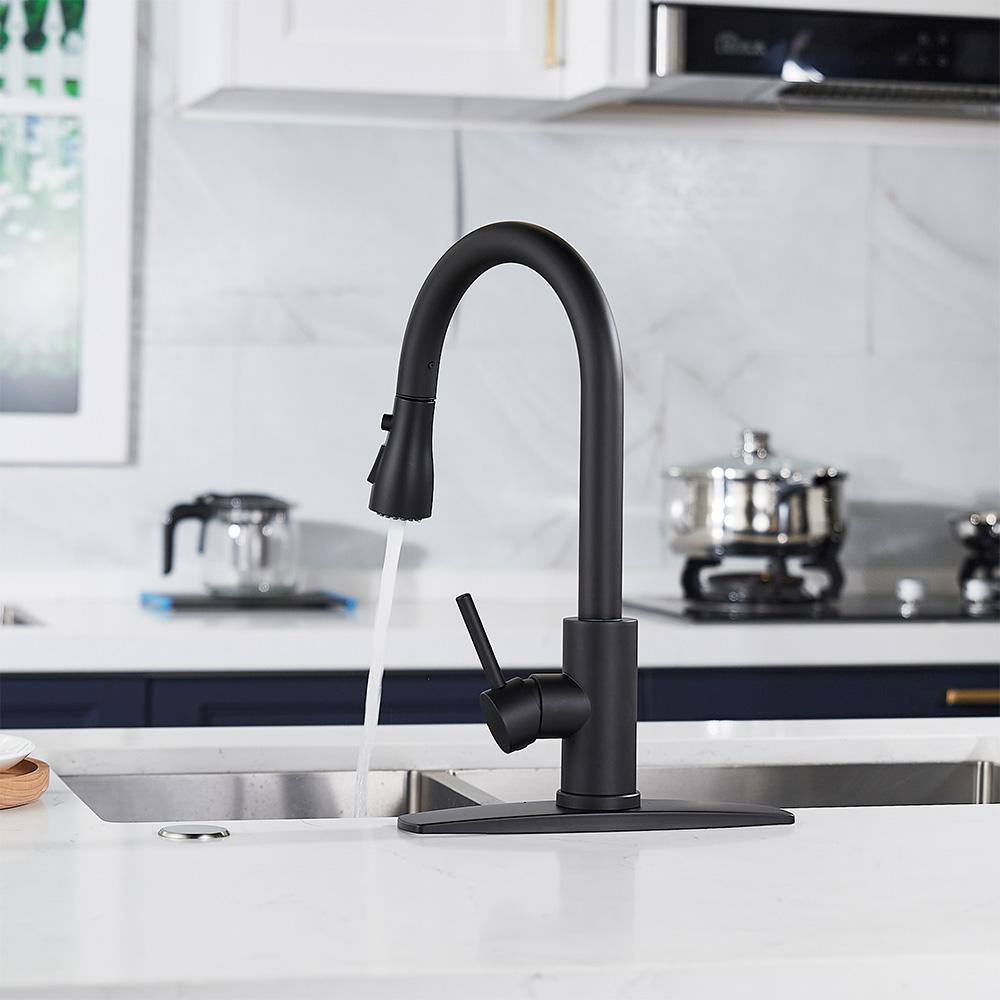 FORIOUS Single-Handle Kitchen Faucet with Pull Down Sprayer High-Arc Kitchen Sink Faucet with Deck Plate in Matte Black HH0023CB