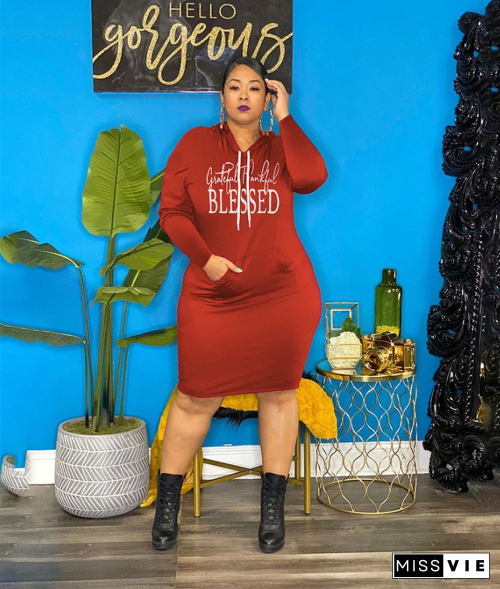 Letter Print Long Sleeve Hooded Plus Size Dress