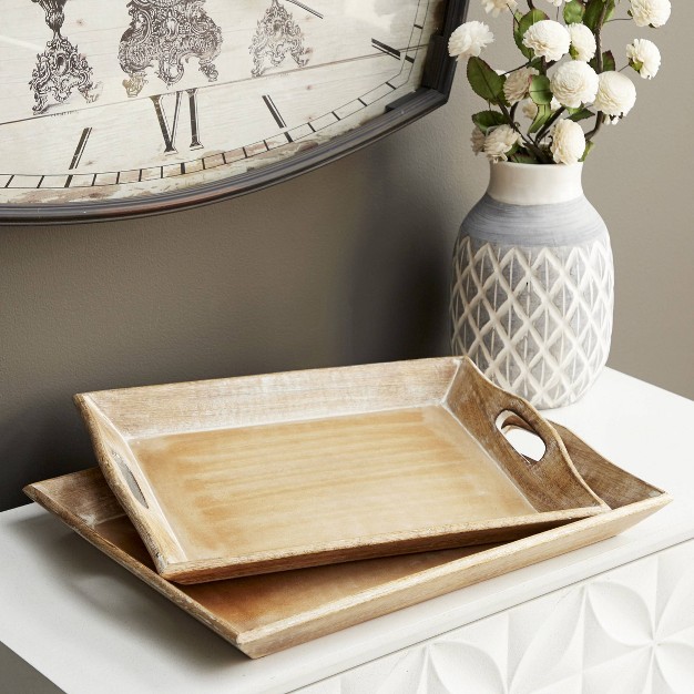 Set Of 2 Traditional Whitewashed Natural Mango Wood Serving Trays Brown Olivia amp May