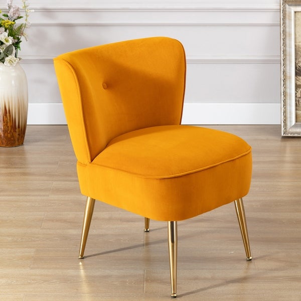 Modern Velvet Side Tufted Wingback Accent Leisure Chair with Ginger Fabric Upholstered Seat and Gold Metal Legs