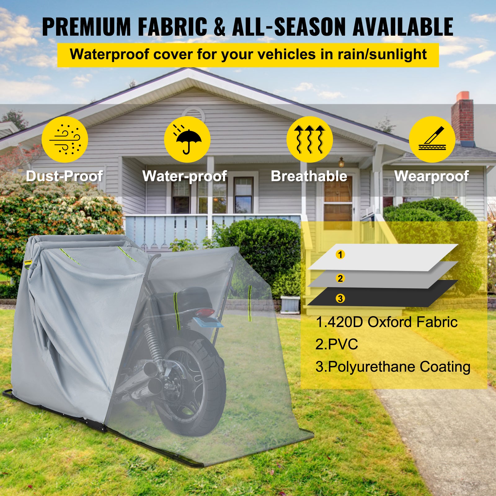 VEVOR Motorcycle Shelter， Waterproof Cover， Heavy Duty， 420D Oxford Motorbike Shed Anti-UV， 106.3