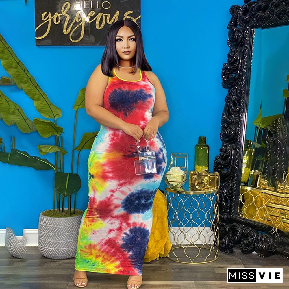 Tie Dye Sleeveless O Neck Plus Size Maxi Dress