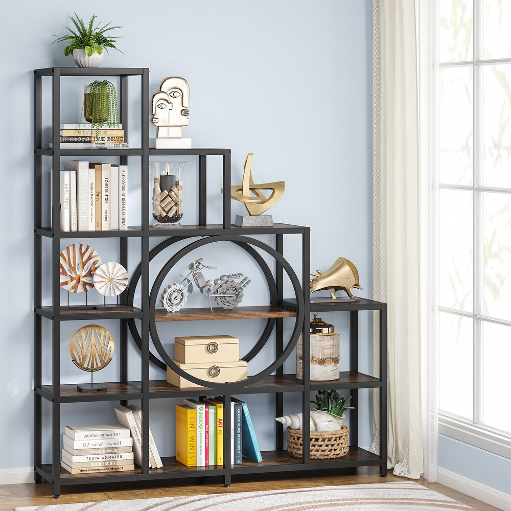 Industrial Freestanding Ladder Corner Bookshelf  12 Cubes Stepped Etagere Bookcase