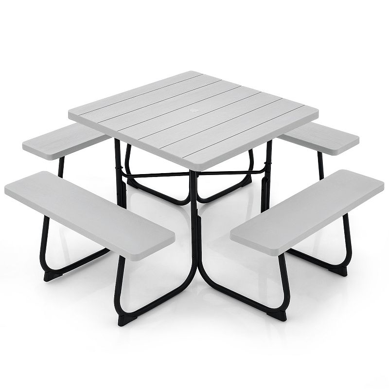 Outdoor Picnic Table With 4 Benches And Umbrella Hole