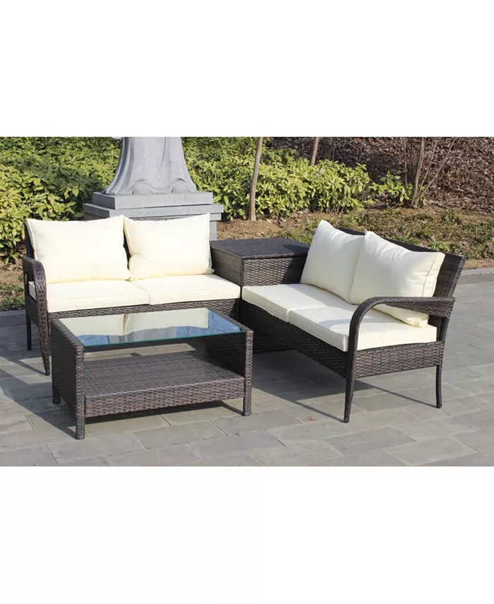 Simplie Fun 4 Piece Patio Sectional Wicker Rattan Outdoor Furniture Sofa Set with Storage Box Brown