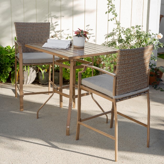 Barton 3 piece Oakview Terrace Wood Grain Steel Frame Bar Height Patio Set With Cushions Set