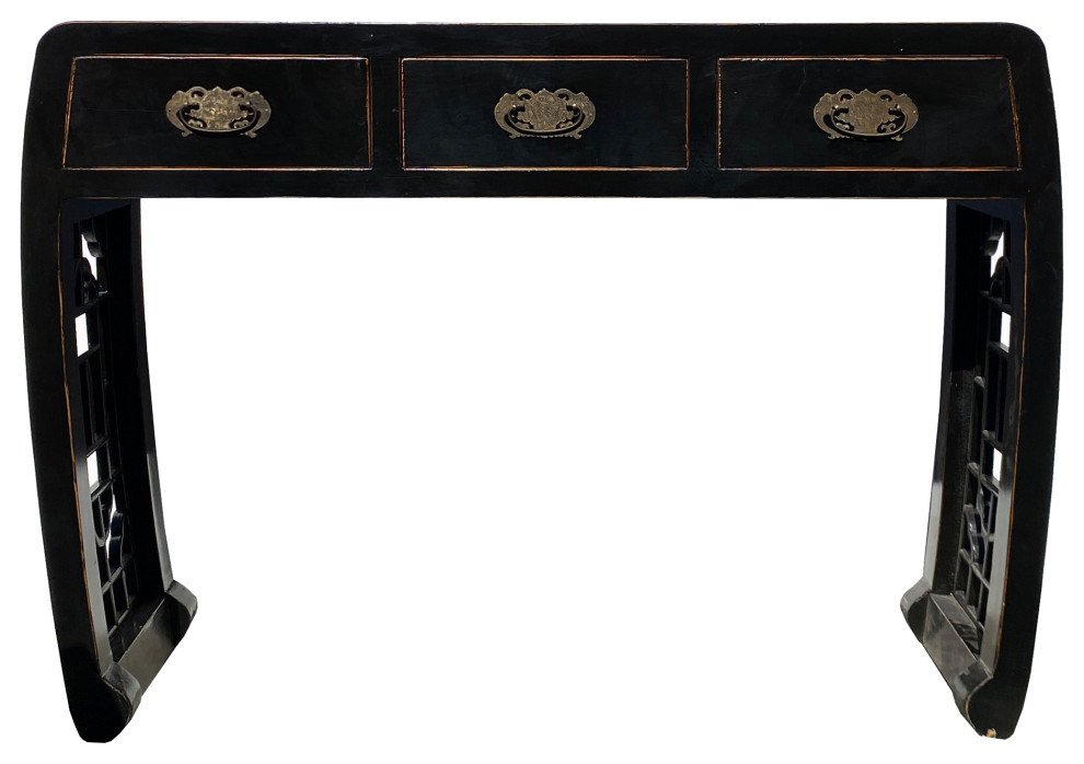 Black Lacquer Curve Panel Legs 3 Drawers Slim Foyer Side Table Hcs7370   Asian   Console Tables   by Golden Lotus Antiques  Houzz