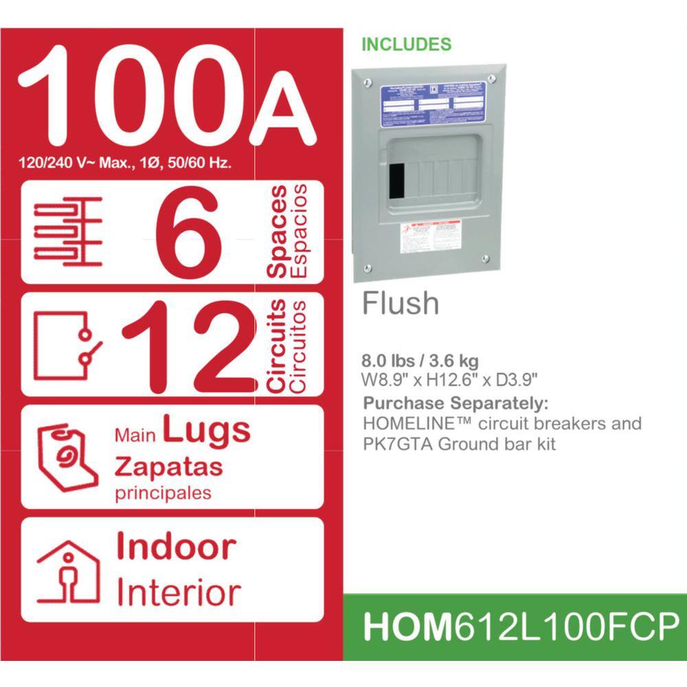 Square D Homeline 100 Amp 6-Space 12-Circuit Indoor Flush Mount Main Lug Load Center with Cover No Door(HOM612L100FCP) HOM612L100FCP