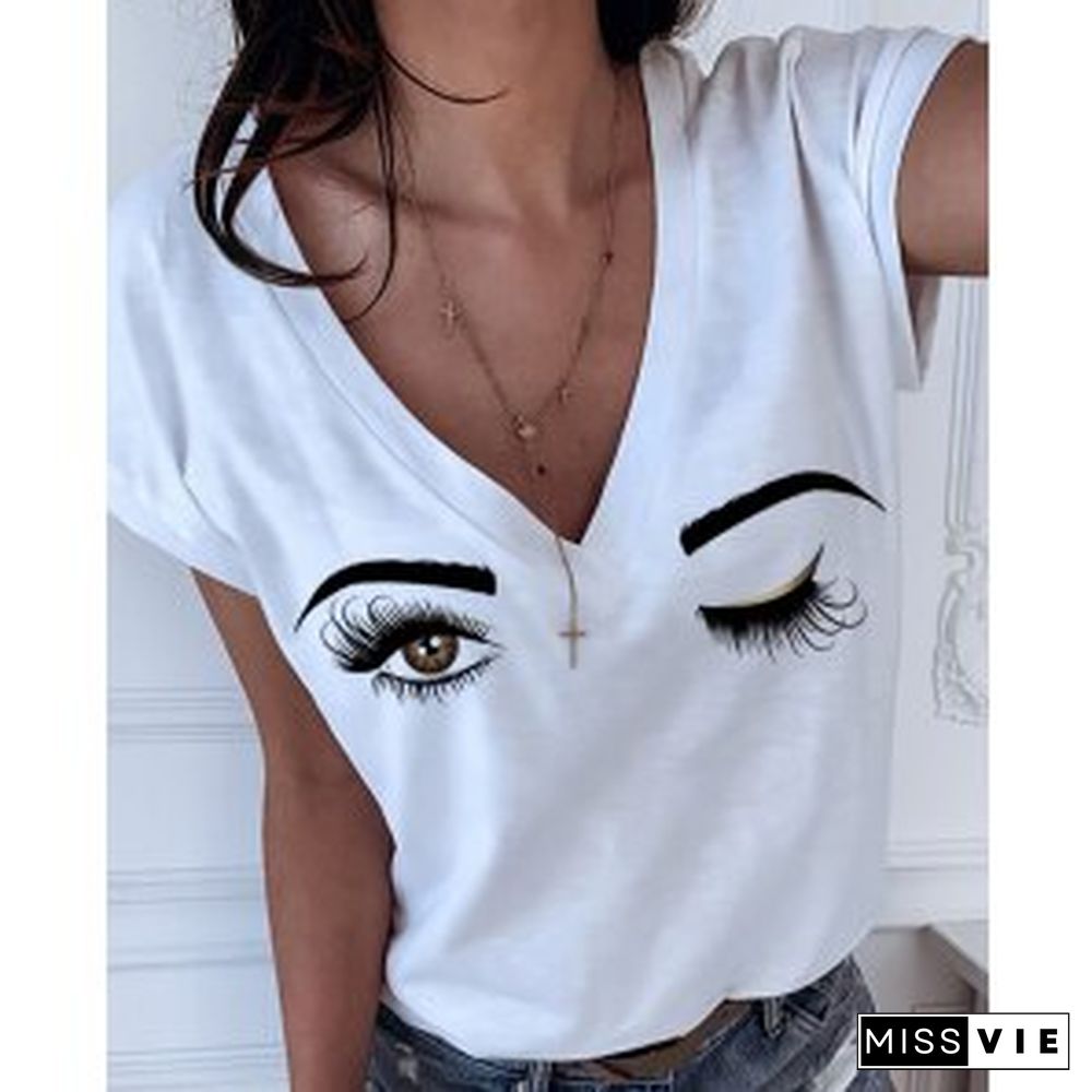 Fashion New Casual Tops Graphic Tshirts FemaleSummer Eyebrows Eye Print Short Sleeve V-neck Women T-shirt