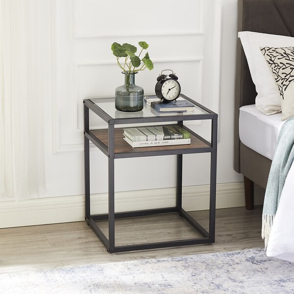 Side Table with Tempered Glass Top Nightstand with Shelf 2-Tier End Table Small Coffee Accent Table Bedside Table