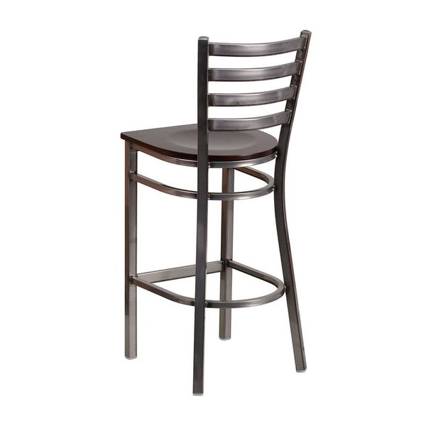 Offex Clear Coated Ladder Back Metal Restaurant Barstool - Walnut Wood Seat