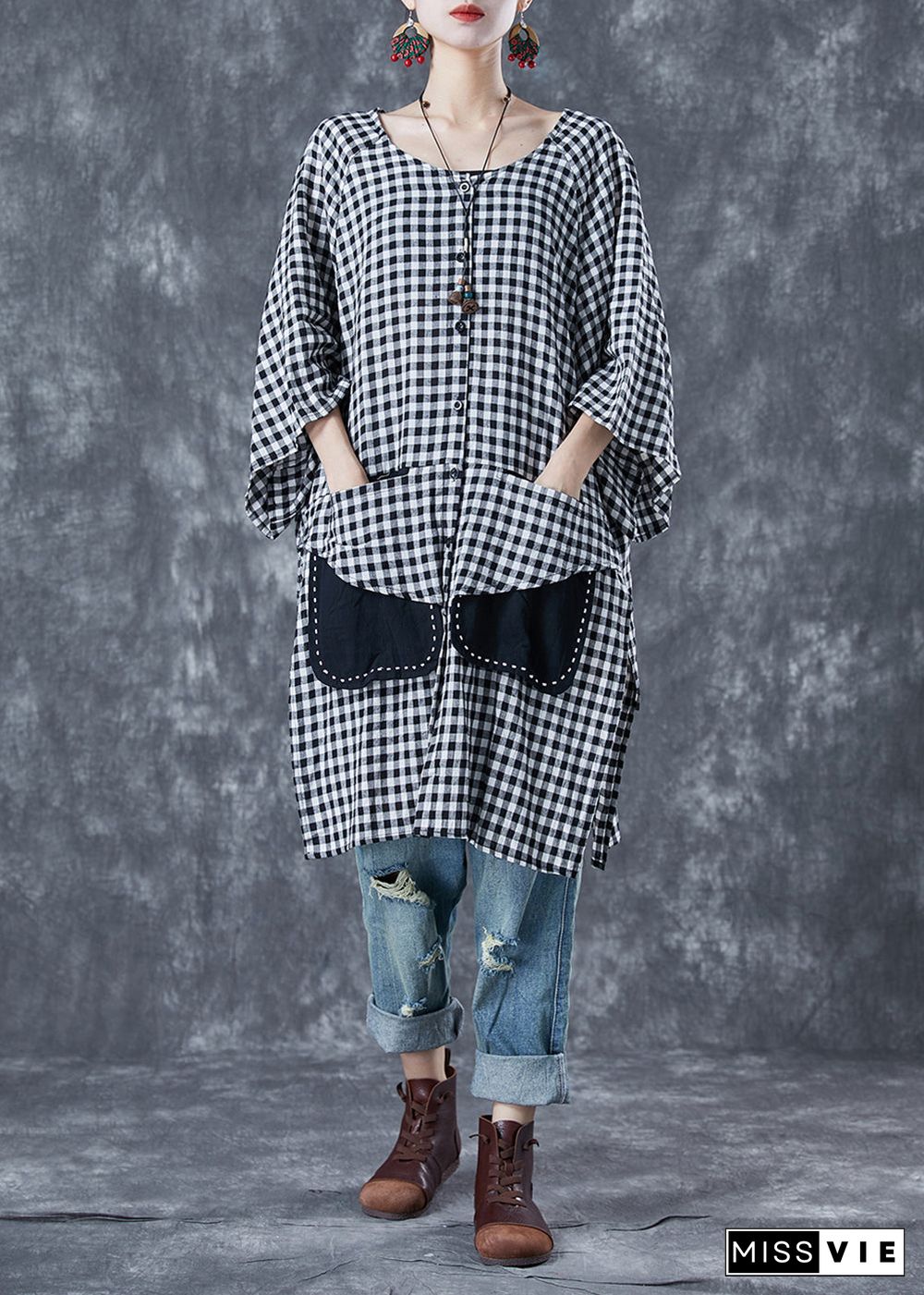 Grey Plaid Cotton Shirts Oversized Side Open Summer