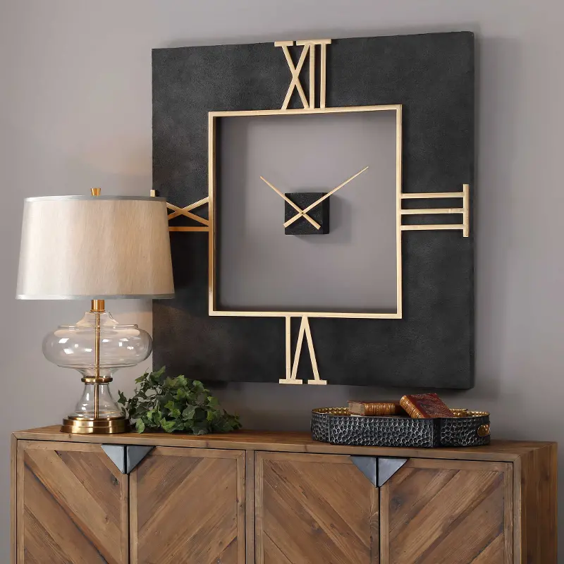 Textured Black Concrete Square Wall Clock with Gold Accents - Mudita