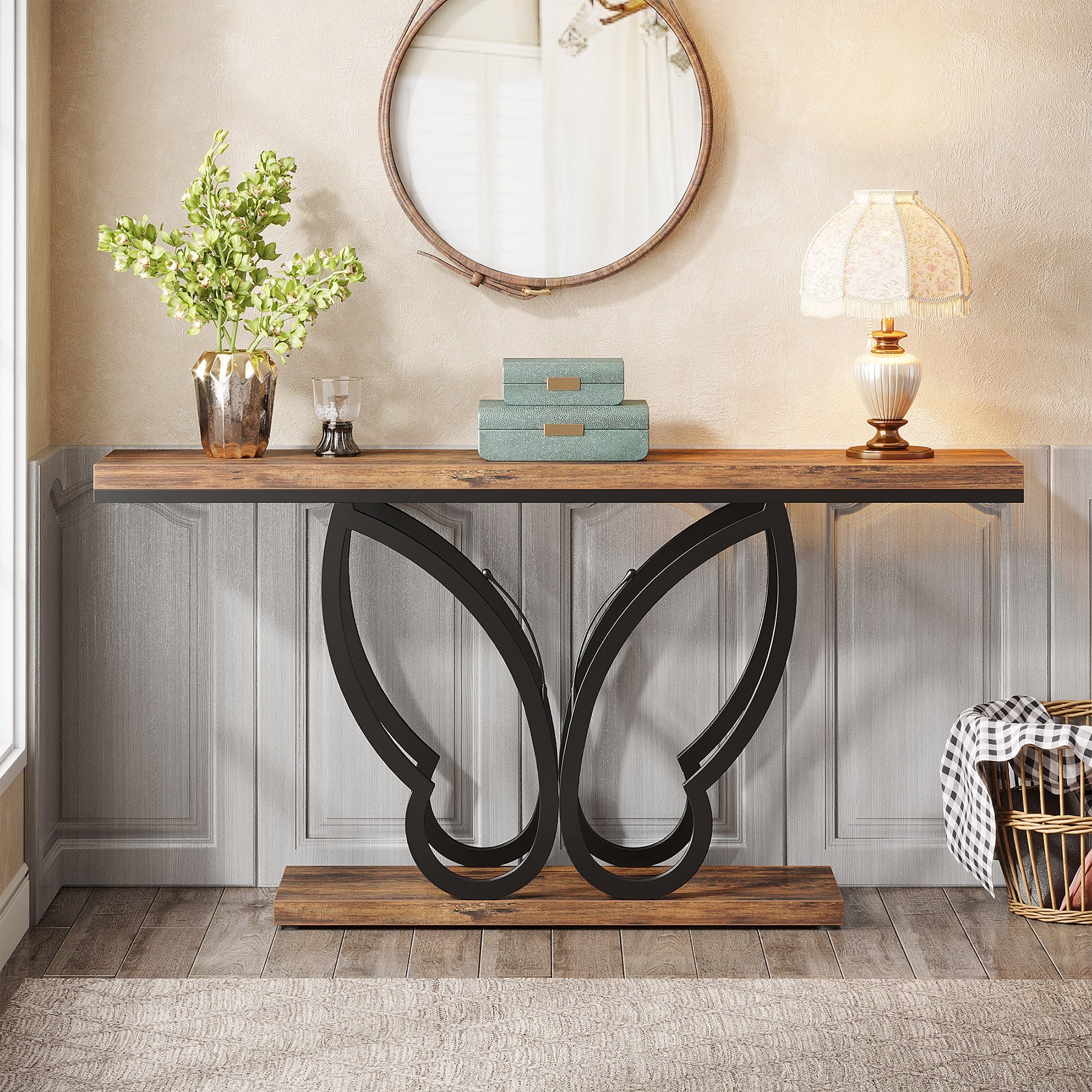 55-Inch Console Table Sofa Table with Butterfly Metal Frame