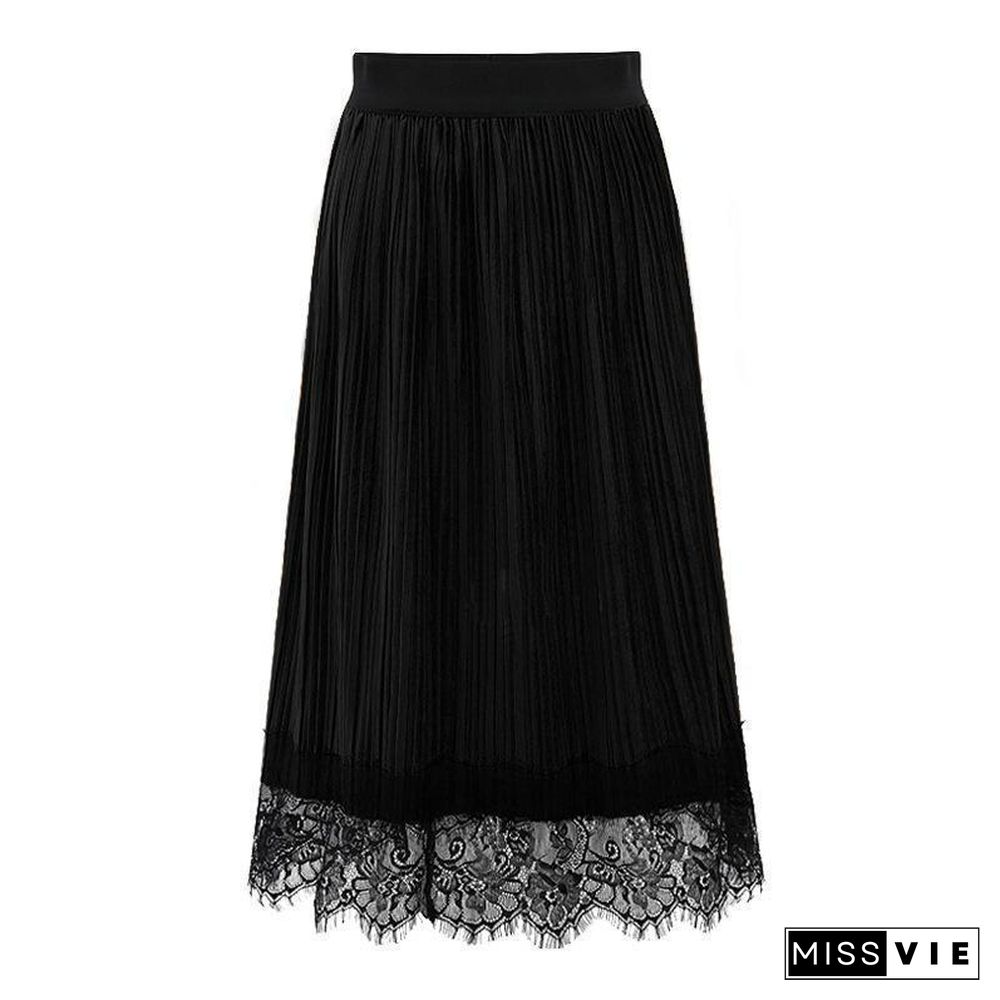 Fashion Pleated Lace Joint Velvet Skirt