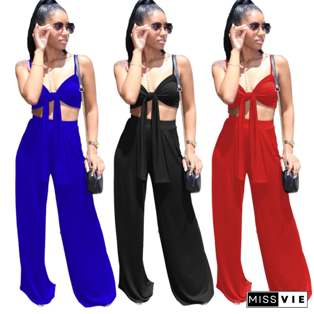 Sexy Solid Color Spaghetti Straps Bandage Wrap Chest Crop Top Loose Long Pants Two Piece Set