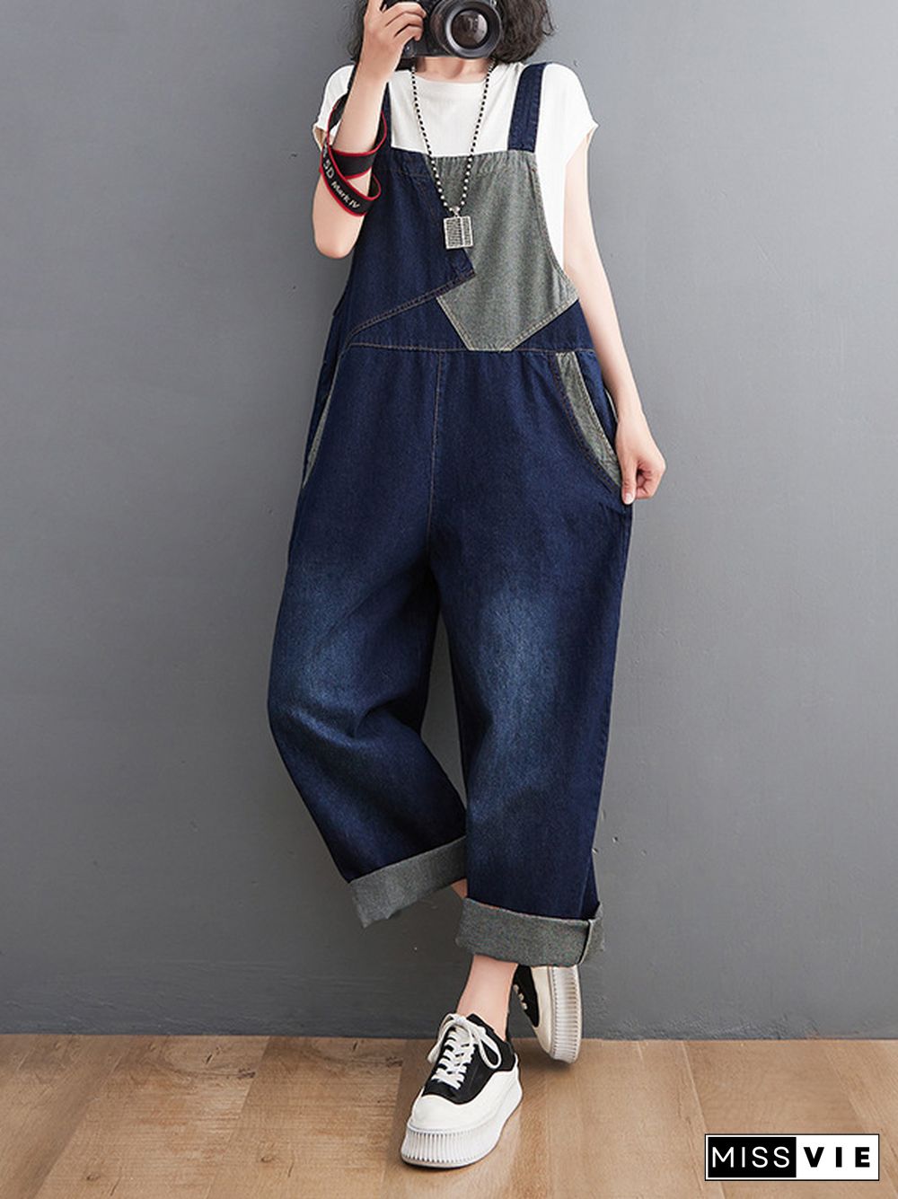 Casual Denim Contrast Color Split-Joint Overalls