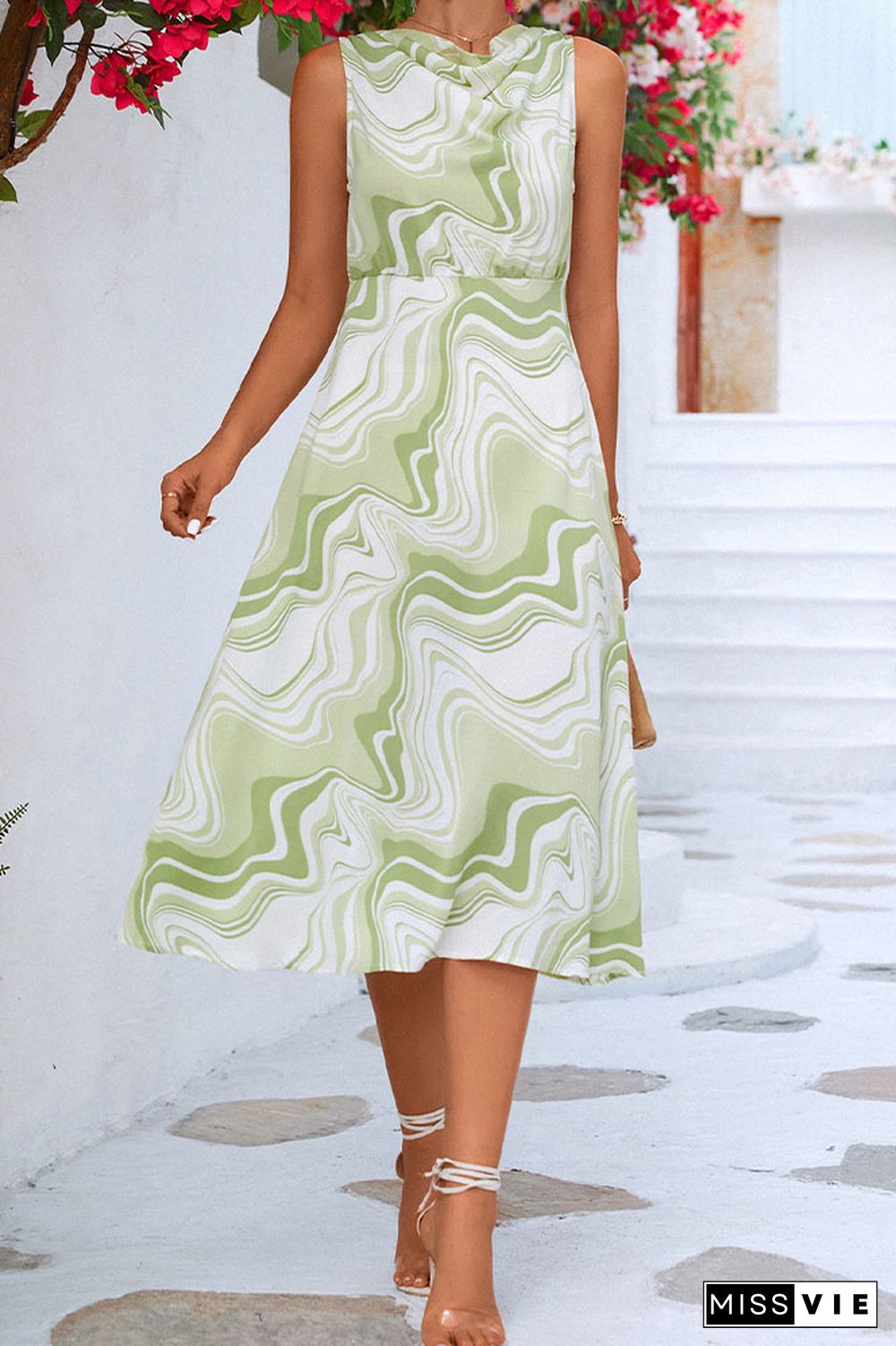 Swing Collar High Waist Sleeveless Printed Midi Dress