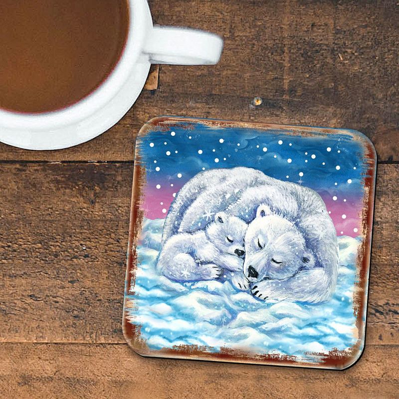 Polar Bears Wooden Cork Coasters Gift Set of 4 by Nature Wonders