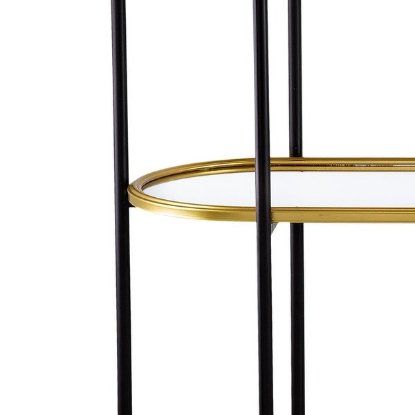 50 Inch Console Table， 3 Tier， Oblong Shaped Mirrored Top， Gold Iron Frame