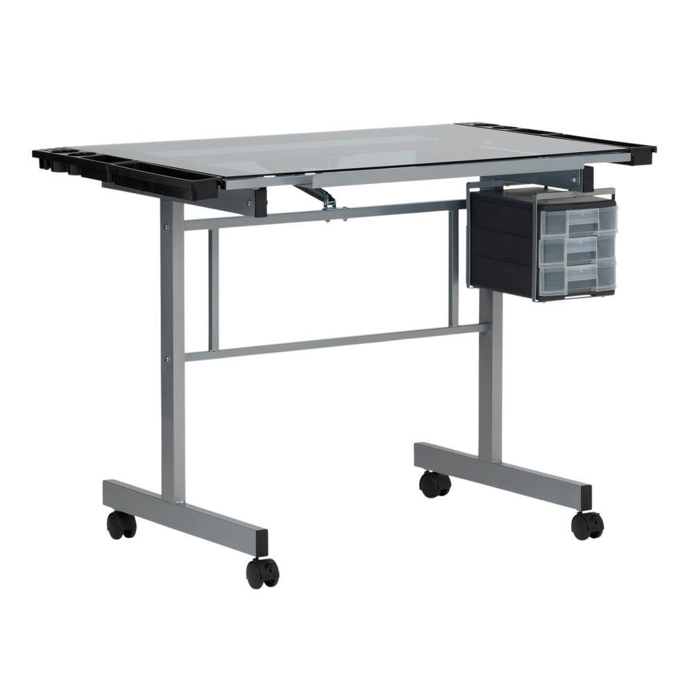 Studio Designs Vision Craft 40.75 in. W Silver and Blue Glass Drawing and Writing Mobile Desk with Supply Storage 10053