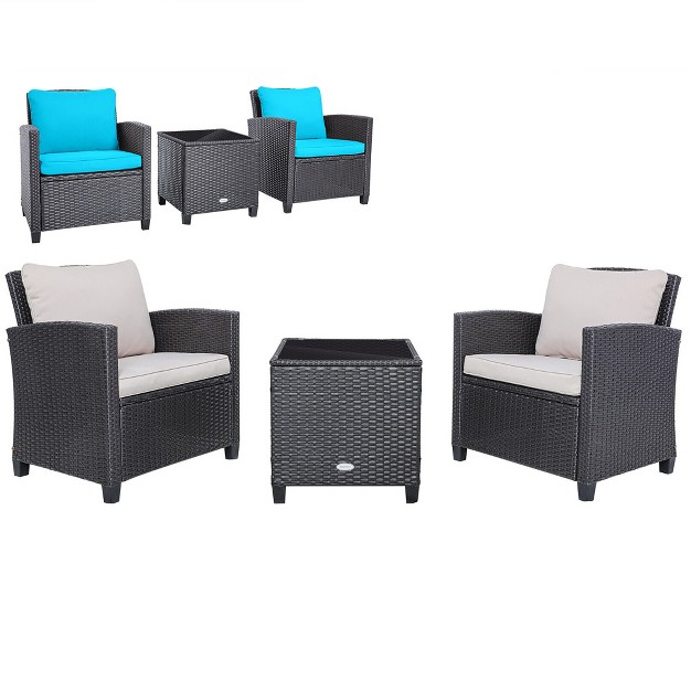 Tangkula 3pcs Outdoor Patio Rattan Conversation Set W Beige amp Turquoise Cushion