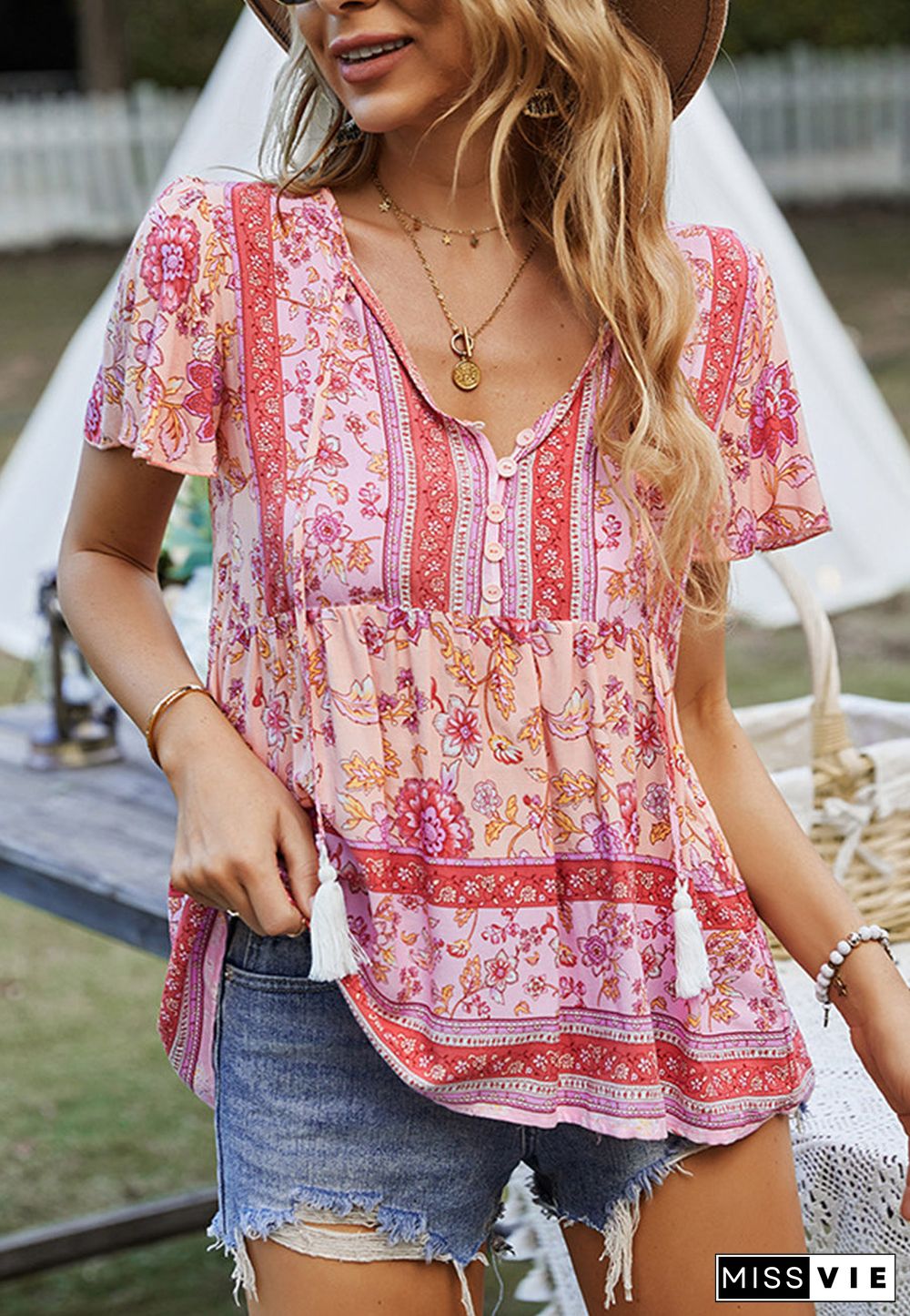 Tie V Neck Peplum Boho Blouse