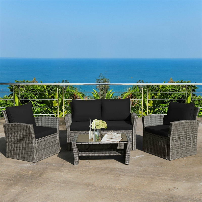 4 Pcs Rattan Patio Sectional Furniture Set with Storage Shelf Table, Cushioned Outdoor Wicker Conversation Sofa Set