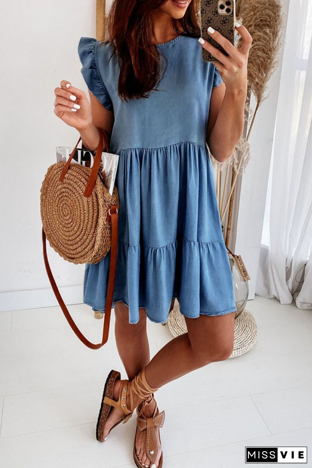 The cowboy blue Casual Solid Patchwork O Neck Sleeveless Regular Denim Dresses