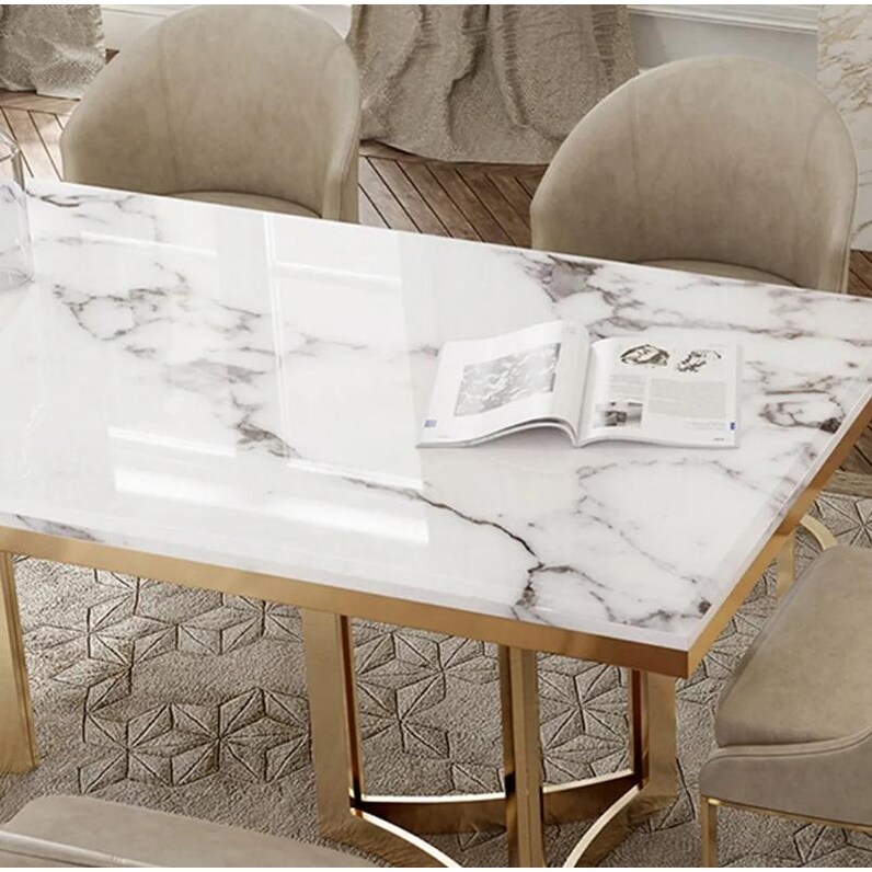 Modern Marble Dining Table with Rectangular Tabletop Carbon Steel Legs  for Kitchen and Dining Room