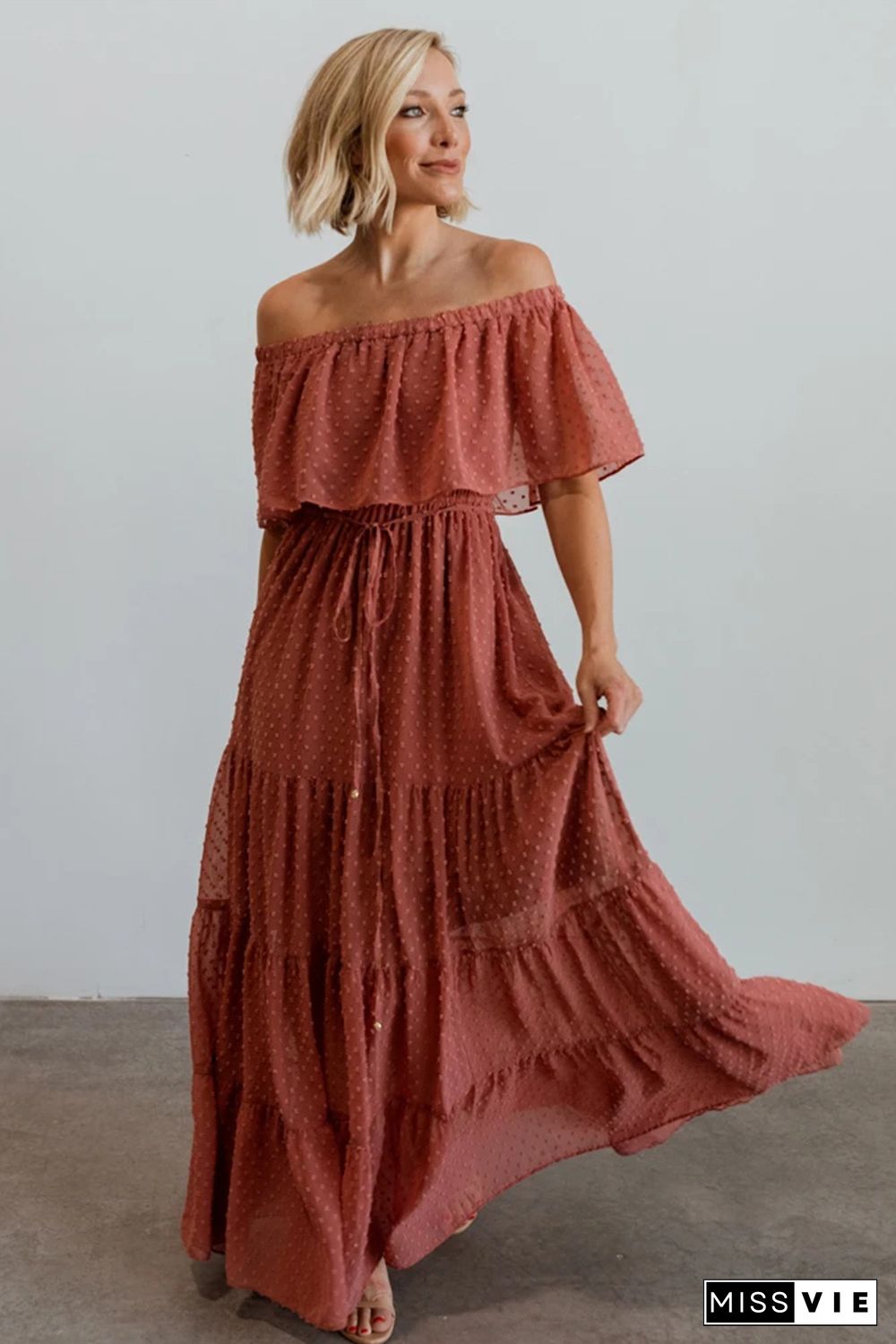 Rust Red Off Shoulder Ruffle Swiss Dot Maxi Dress