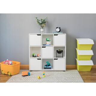 Basicwise 9 Cube Wooden Bookshelf Organizer with 5 Enclosed Doors and 4 Shelves White QI003677W