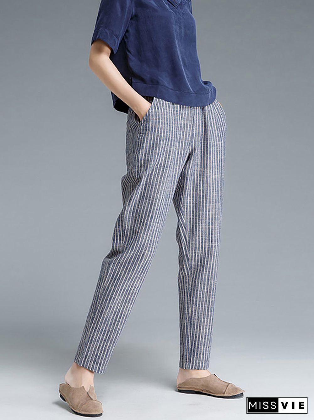 Plus Size Buykud Stripe Cotton Linen Women Pants