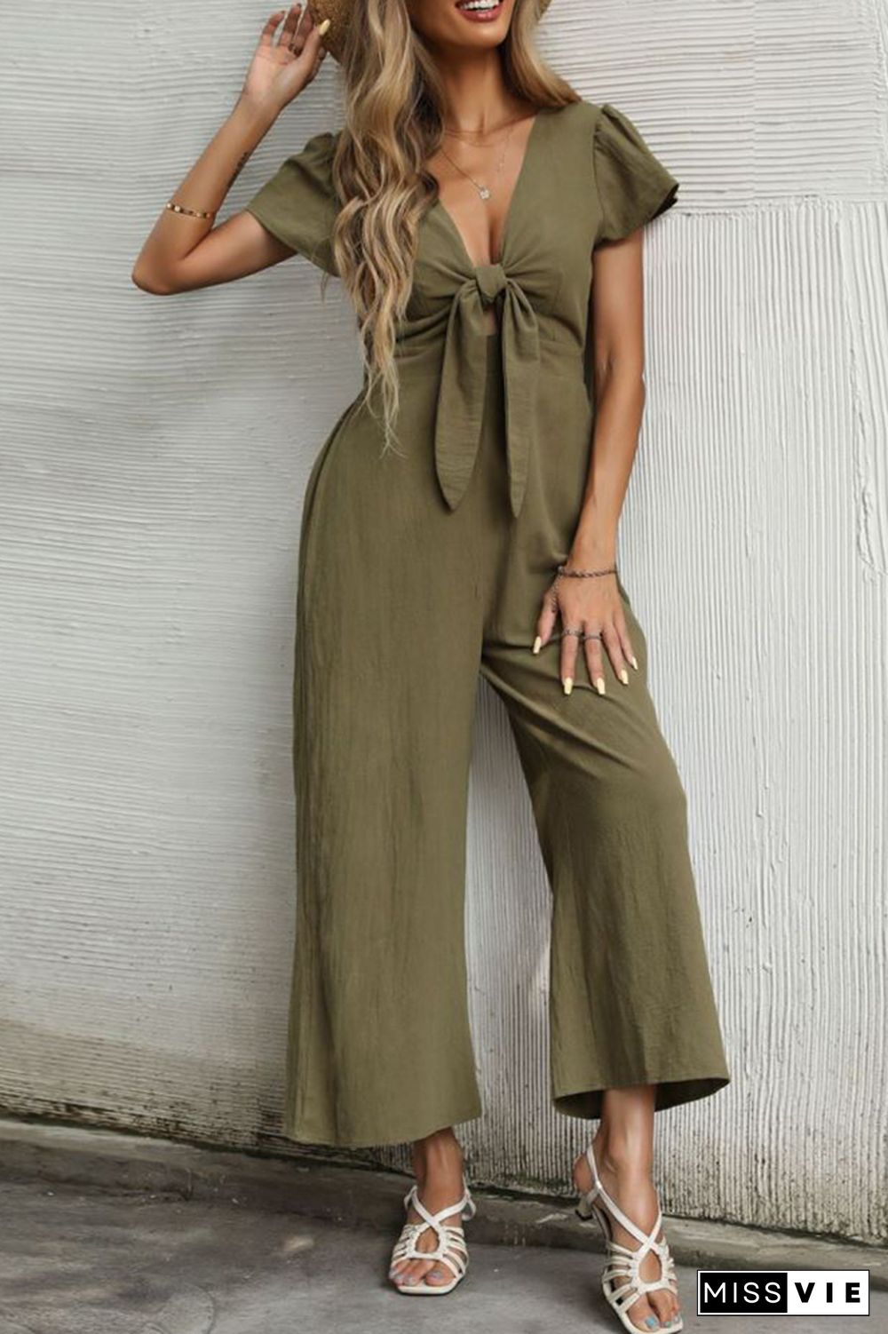 Bow Knot Wide Leg Long Pants Jumpsuit Wholesale