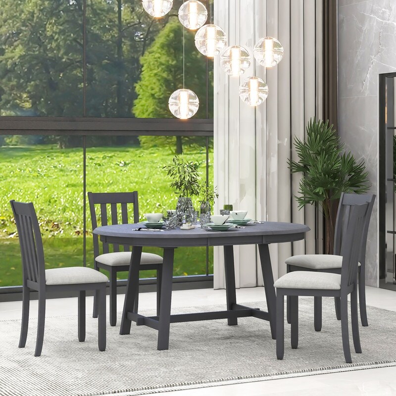 5 Piece Wooden Dining Table Set  Round Extendable Dining Table with 4 Dining Chairs