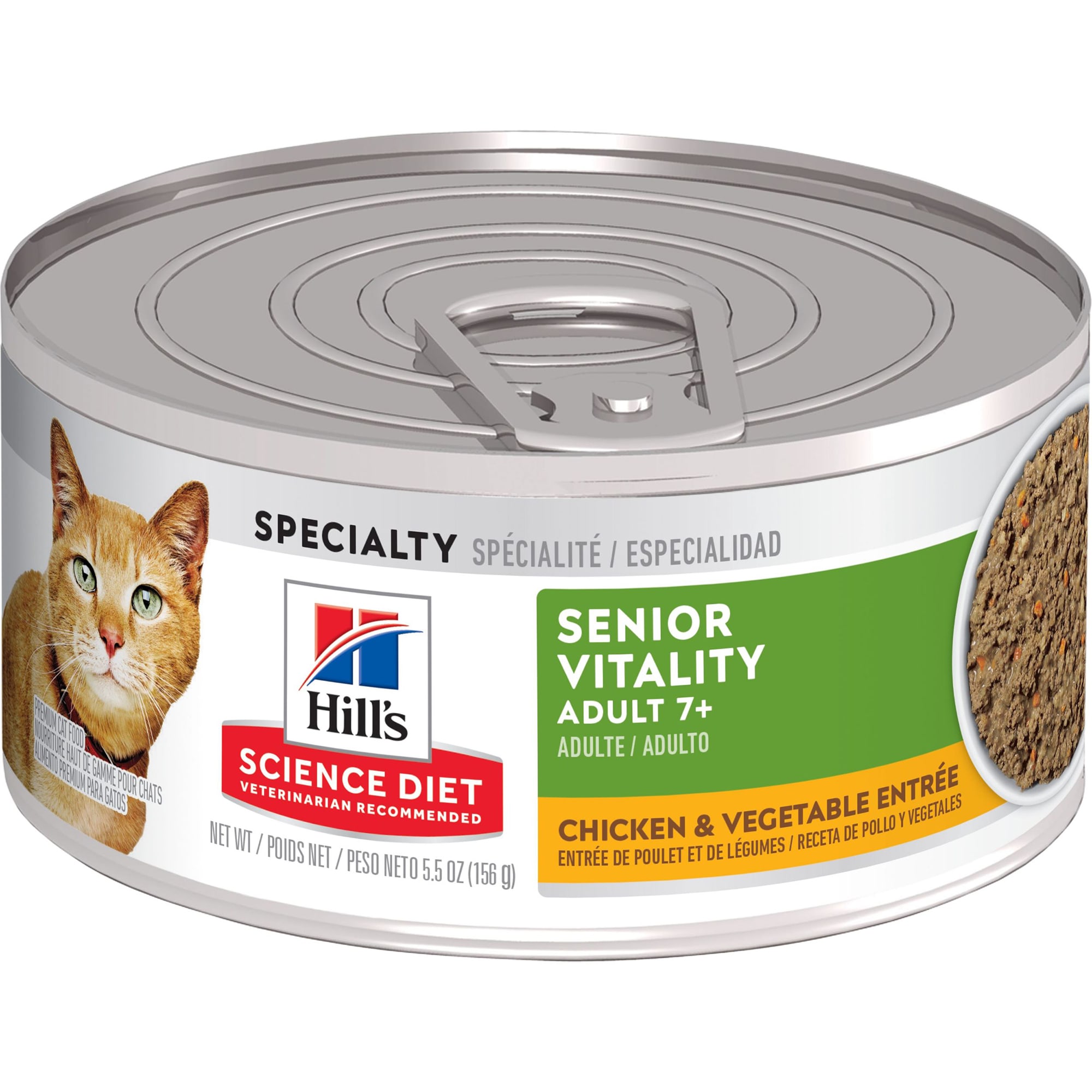 Hills Science Diet Adult 7+ Youthful Vitality， Chicken  Vegetable Entree Canned Wet Cat Food， 5.5 oz.， Case of 24