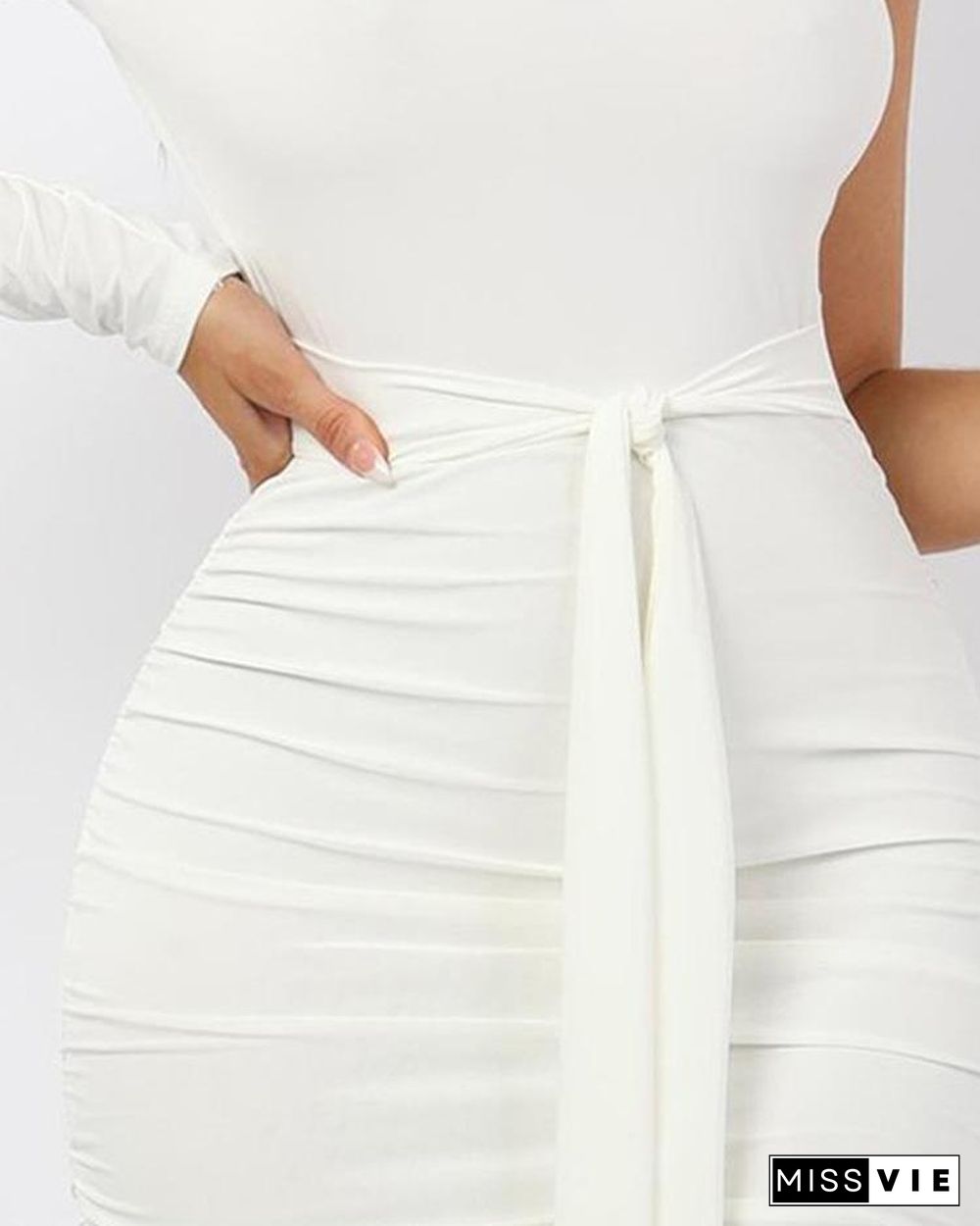 One Shoulder Ruched Design Bodycon Dress White Dresses