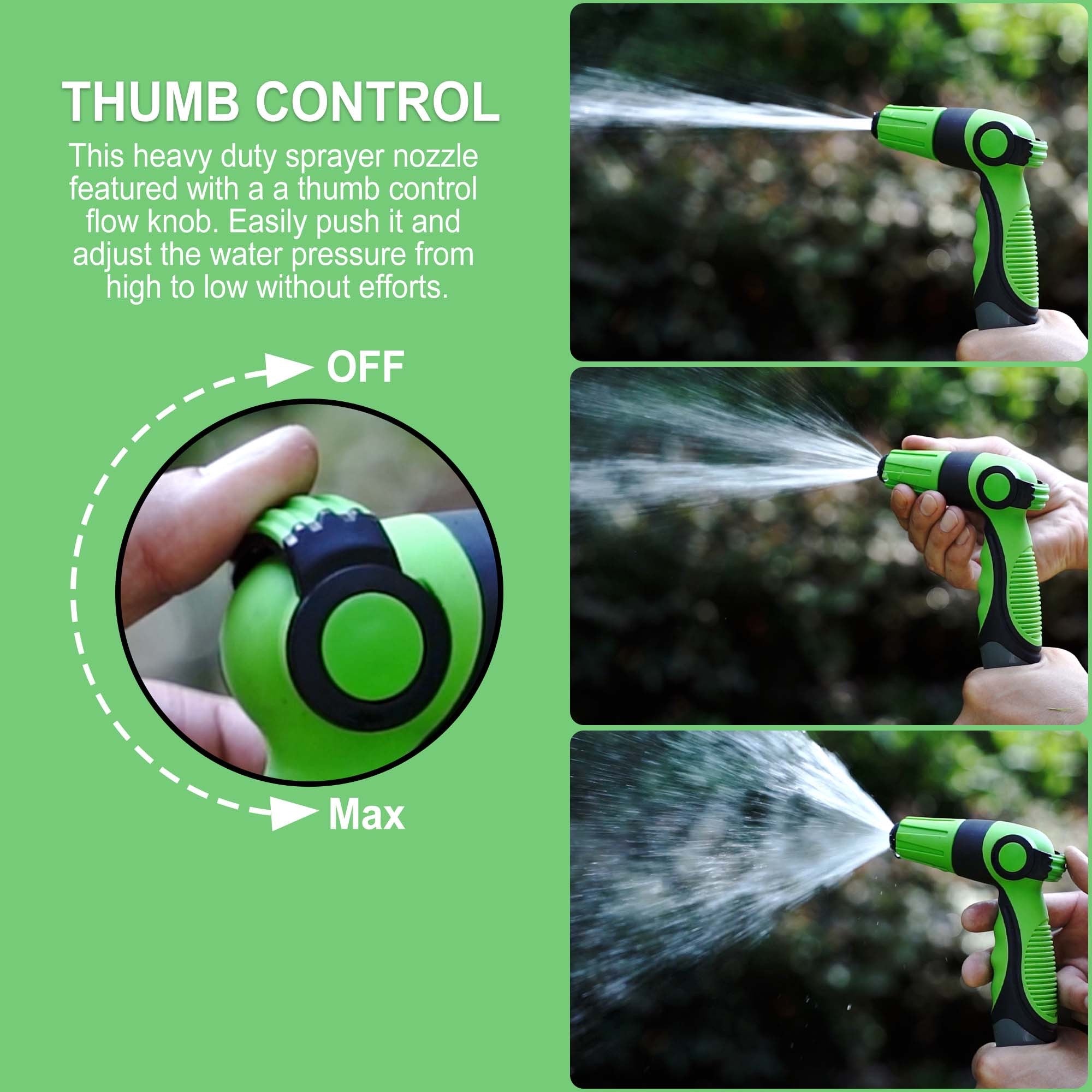 FUNJEE Garden Hose Spray Nozzle， Thumb Flow Control， On/Off Valve， Quick Connector， High-Pressure Nozzle Sprayer (ABS Spray， Green)