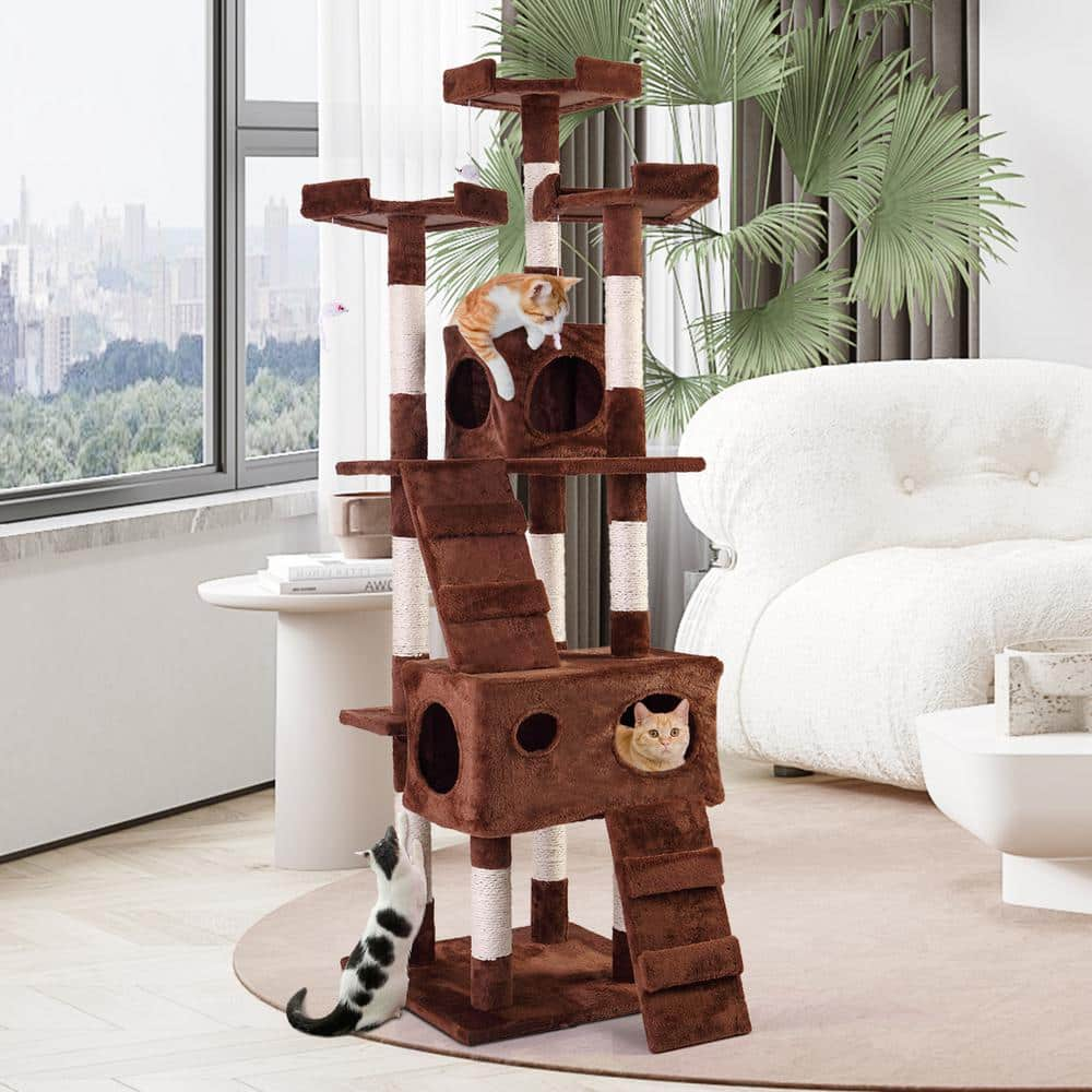 COZIWOW 67 in. Cat Tree Brown Tower Condo Soft Flannel Covered CW12T0193