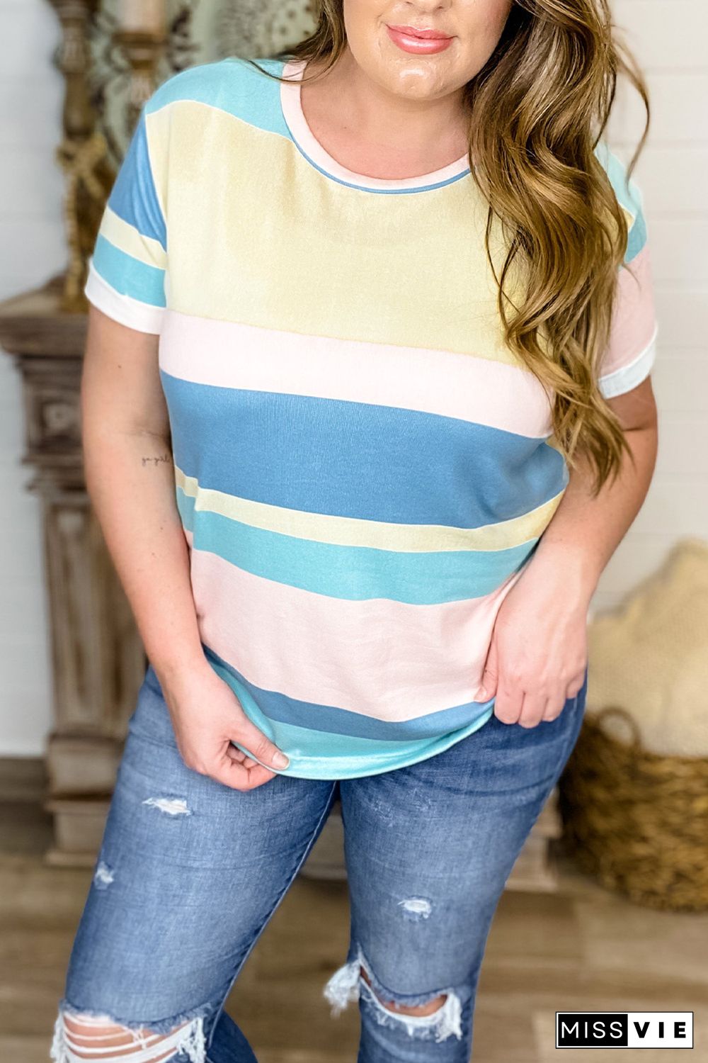 Plus Size Short Sleeve Striped Knit Top