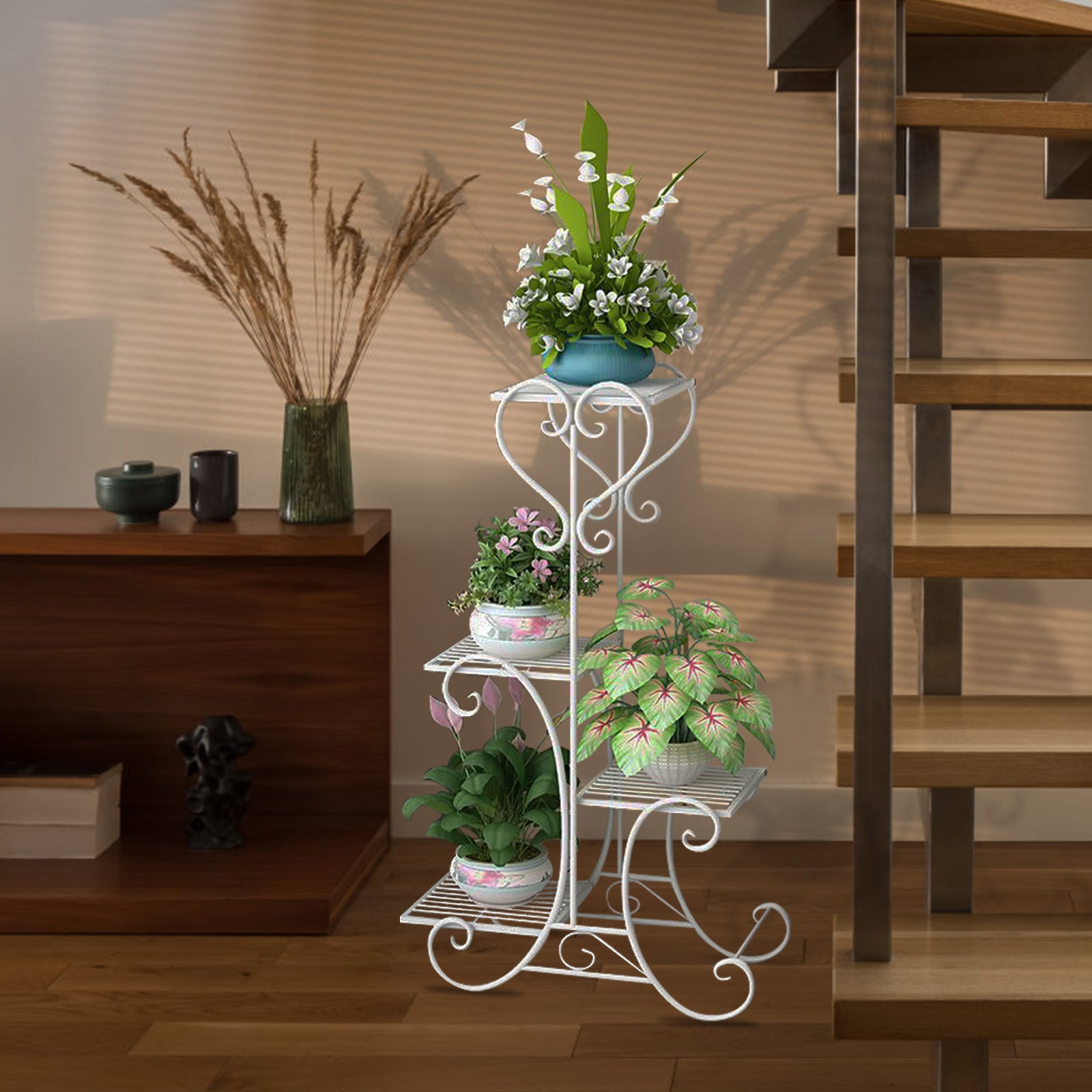 4 Tiers Metal Plant Stand for Indoor Outdoor, White Rustproof Flower Pot Stand Rack with Racks, Display Shelf Planter Shelves Organizer for Patio Balcony Garden Living Room